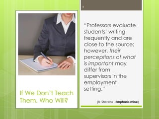 9

If We Don‟t Teach
Them, Who Will?

“Professors evaluate
students‟ writing
frequently and are
close to the source;
however, their
perceptions of what
is important may
differ from
supervisors in the
employment
setting.”
(B. Stevens , Emphasis mine)

 