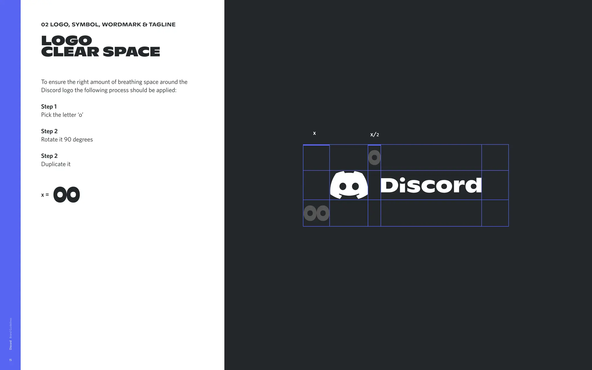 02 logo, symbol, wordmark & tagline
Logo 
Clear space
To ensure the right amount of breathing space around the
Discord logo the following process should be applied:


Step1

Pick the letter ‘o’


Step2

Rotate it 90 degrees


Step2

Duplicate it
Discord
15
x
x=
x/2
 