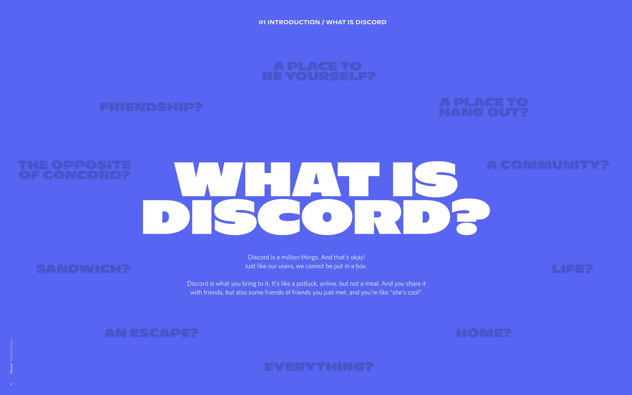 Discord
5
WHAT IS
DISCORD?
01 INTRODUCTION / WHAT IS DISCORD
Life?
AN Escape? Home?
Sandwich?
A place to
hang out?
A place to  
be yourself?
Friendship?
A Community?
THE OPPOSITE

OF CONCORD?
Discord is a million things. And that’s okay! 
Just like our users, we cannot be put in a box.   
Discord is what you bring to it. It’s like a potluck, online, but not a meal. And you share it
with friends, but also some friends of friends you just met, and you’re like “she’s cool”.
Everything?
 