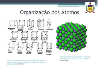 Organização dos Átomos




                                                             http://wikiciencias.casadasciencias.org/index.
                                                             php/Liga%C3%A7%C3%A3o_i%C3%B3nica
http://www.marcoscassiano.com/eng/index.php/painel/ci        17/07/2012
encia-dos-materiais/797-estruturas-cristalinas-reticulado-
cristalino.html 17/07/2012
 