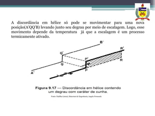 A discordância em hélice só pode se movimentar para uma nova
posição(A’QQ’B) levando junto seu degrau por meio de escalagem. Logo, esse
movimento depende da temperatura já que a escalagem é um processo
termicamente ativado.




                      Fonte: Padilha (2000), Materiais de Engenharia, Angelo Fernando
 