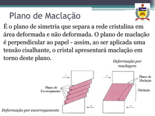 Plano de Maclação
É o plano de simetria que separa a rede cristalina em
área deformada e não deformada. O plano de maclação
é perpendicular ao papel - assim, ao ser aplicada uma
tensão cisalhante, o cristal apresentará maclação em
torno deste plano.                        Deformação por
                                           maclagem




Deformação por escorregamento
 