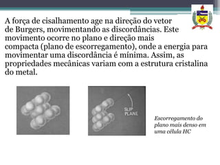 A força de cisalhamento age na direção do vetor
de Burgers, movimentando as discordâncias. Este
movimento ocorre no plano e direção mais
compacta (plano de escorregamento), onde a energia para
movimentar uma discordância é mínima. Assim, as
propriedades mecânicas variam com a estrutura cristalina
do metal.




                                         Escorregamento do
                                         plano mais denso em
                                         uma célula HC
 