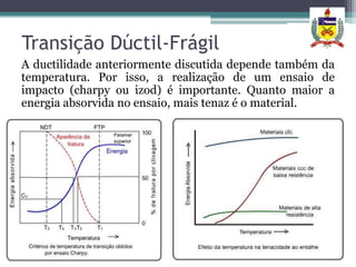 Transição Dúctil-Frágil
A ductilidade anteriormente discutida depende também da
temperatura. Por isso, a realização de um ensaio de
impacto (charpy ou izod) é importante. Quanto maior a
energia absorvida no ensaio, mais tenaz é o material.
 