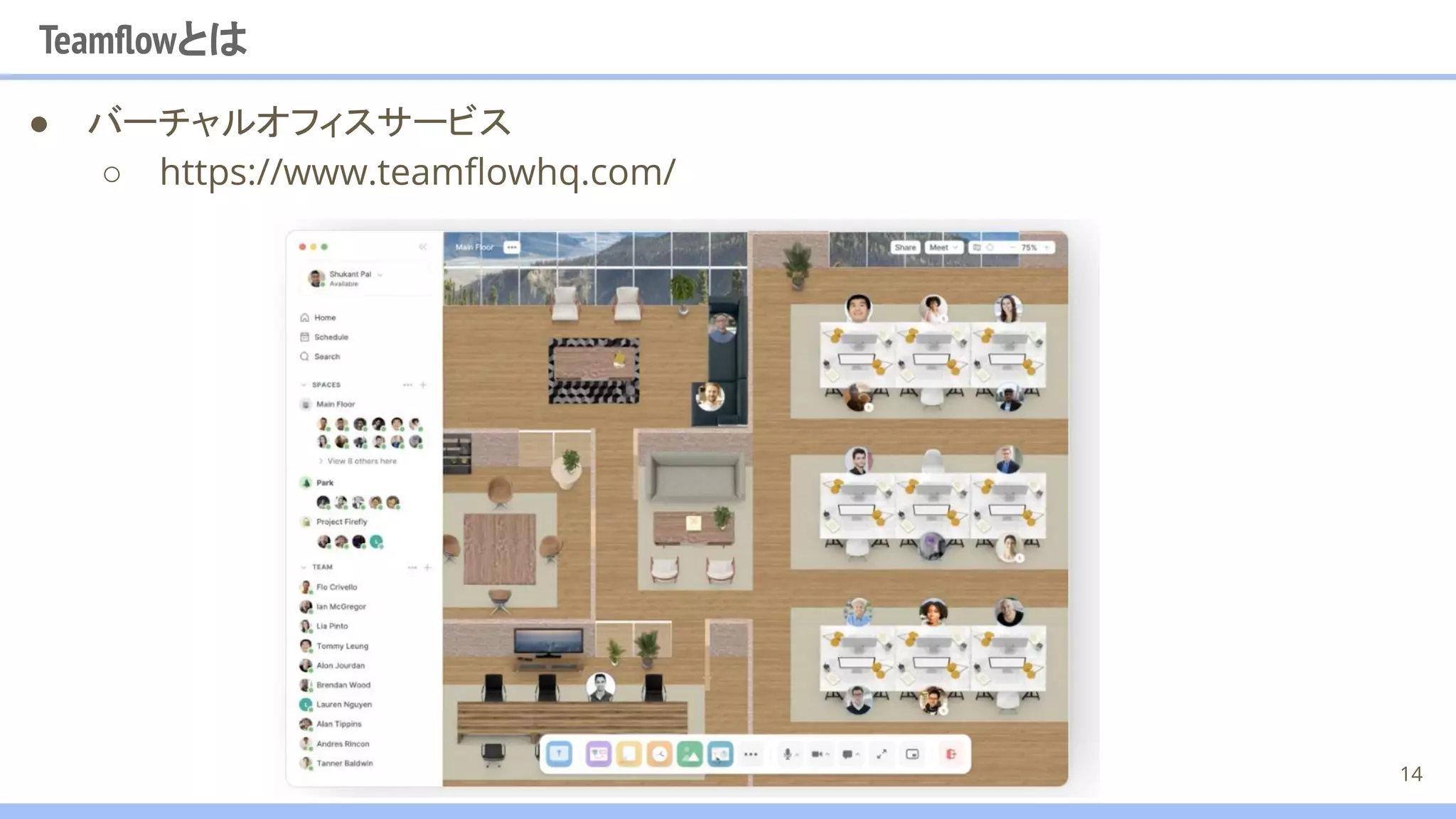 ● バーチャルオフィスサービス
○ https://www.teamﬂowhq.com/
Teamﬂowとは
14
 