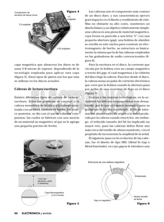 66 ELECTRONICA y servicio
capa magnética que almacena los datos es de
unas 3-8 micras de espesor, dependiendo de la
tecnología empleada para aplicar esta capa
(figura 5). Estos tipos de platos son los que más
se utilizan en los discos actuales.
Cabezas de lectura/escritura
Existen diferentes tipos de cabeza de lectura/
escritura. Entre las primeras, se cuentan a la
cabeza monolítica de ferrita y a la cabeza cons-
truida con un block, también de ferrita. Un avan-
ce posterior, se dio con el uso de cabezas com-
puestas, las cuales se fabrican con una mezcla
de un material no magnético al que se le agrega
una pequeña porción de ferrita.
Las cabezas son el componente más costoso
de un disco duro, y sus características ejercen
gran impacto en el diseño y rendimiento de éste.
Mas no obstante su alto costo, mantienen un
diseño básico y un objetivo relativamente simple:
una cabeza es una pieza de material magnético,
cuya forma es parecida a una letra “C” con una
pequeña abertura (gap); una bobina de alambre
se enrolla en este núcleo para construir un elec-
tromagneto; de hecho, su estructura es básica-
mente la misma que la de las cabezas empleadas
en las grabadoras de audio convencionales (fi-
gura 6).
Para la escritura en el disco, la corriente que
circula por la bobina crea un campo magnético
a través del gap, el cual magnetiza a la cubierta
del disco bajo la cabeza. Para leer desde el disco,
la cabeza sensa un pulso de corriente electrónica
que corre por la bobina cuando la abertura pasa
por arriba de una reversión de flujo en el disco
(figura 7).
Gracias a las mejoras tecnológicas, en la ac-
tualidad los bits son empaquetados más densa-
mente, por lo que el espacio necesario para su
grabación se ha ido reduciendo. El bit de infor-
mación almacenado, da origen a la señal produ-
cida por la cabeza cuando ésta lo lee; sin embar-
go, el reducido tamaño del bit ha implicado un
mayor reto, pues las cabezas deben flotar aún
más cerca del medio de almacenamiento, con el
propósito de incrementar la amplitud de la señal.
El siguiente paso en la evolución de las cabe-
zas, fue el diseño de tipo MIG (Metal In Gap o
Metal Insertado), en cuyo gap se le introduce una
Figura 4
Figura 5
Comparación de
tamaños de discos duros
2.5 pulgadas
3.5
pulgadas
5.25 pulgadas
1.5-2 mm
(aluminio, vidrio
o cerámica)
Capa ferromagnética
(3 a 8 micras)
Figura 6
Embobinado
Núcleo toroidal
de ferrita
Gap no magnético
Estructura de una cabeza magnética
 