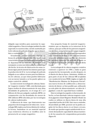 67ELECTRONICA y servicio
delgada capa metálica para aumentar la capa-
cidad magnética. Esta tecnología también ha sido
superada en nuestros días, siendo sustituida por
la de cabezas de película delgada, que se descri-
birá a continuación.
Actualmente, muchas unidades emplean ca-
bezas de película delgada (thin film head), cuya
característica es que los elementos estructurales
se depositan en un sustrato, de manera muy
semejante a como son fabricados los microchips
(de hecho, la técnica de fabricación de estas ca-
bezas sigue prácticamente los mismos pasos que
la producción de IC’s). La tecnología de película
delgada es un valioso recurso para los fabrican-
tes de cabezas, ya que éstas pueden fabricarse
con un menor tamaño y se les puede aplicar un
mejor control de calidad.
La más reciente tecnología de cabezas, llama-
da “magneto-resistiva” (MR), está diseñada para
lograr medios de almacenamiento de muy altas
densidades de grabación, en el rango de 1 a 2
billones de bits por pulgada cuadrada (BPSI), en
comparación con las densidades de menos de
200 millones BPSI ofrecidas por las tecnologías
de cabeza tradicionales.
A diferencia de éstas -que básicamente son
pequeños electromagnetos de inducción-, la tec-
nología MR emplea una forma distinta de realizar
la lectura, basándose en un material especial
cuya resistencia eléctrica se modifica ante la
presencia de un campo magnético.
Una pequeña franja de material magneto-
resistivo que se deposita en la estructura de la
cabeza, pasa por arriba de los patrones magnéti-
cos del disco, sensa la fuerza del campo magnéti-
co y produce pulsos eléctricos que corresponden
a las reversiones de flujo. Como este mecanismo
no puede utilizarse para escribir, un elemento
de escritura inductivo de película delgada es
depositado a lo largo de uno de los lados de dicha
franja.
La tecnología de la cabeza magneto-resistiva
comenzó a aparecer en 1994, y dada su gran
aceptación fue incorporada, un año después, en
el diseño de discos duros. Asimismo, debido en
gran parte al uso de las cabezas MR acopladas
con canales de lectura PRML (siglas en inglés de
“Manifestación Máxima de Respuesta Parcial”,
una nueva técnica de codificación y almacena-
miento de datos), se hizo posible que, utilizando
un solo plato de almacenamiento, un drive de 1
gigabyte o más de capacidad fuese realidad.
Esta tecnología ha seguido evolucionando; de
hecho, se han diseñado cabezas magneto-resis-
tivas gigantes (Giant Magneto-Resistive Head), las
cuales se utilizan en discos duros de muy alta
capacidad (arriba de 6 GB). Este nuevo estándar,
desarrollado por IBM, promete ser la piedra an-
gular de los discos duros en un futuro cercano,
de modo que puedan seguir satisfaciendo la cre-
ciente demanda de capacidad de almacenamien-
to de los usuarios de computadoras personales
(figura 8).
Figura 7
Señal
eléctrica
a grabar
Líneas de flujo
magnético
Señal
eléctrica
recuperada
Campo magnético
recuperado
Información
grabada
Información
grabada
 