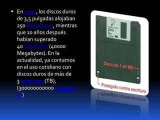  En 1992, los discos duros
  de 3,5 pulgadas alojaban
  250 Megabytes, mientras
  que 10 años después
  habían superado
  40 Gigabytes (40000
  Megabytes). En la
  actualidad, ya contamos
  en el uso cotidiano con
  discos duros de más de
  3 terabytes (TB),
  (300000000000 Megabyt
  es)
 