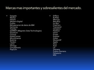 Marcas mas importantes y sobresalientes del mercado.

   Seagate                                   Differo
    Maxtor                                     Buffalo
    Hitachi                                    MemUp
    Western Digital                            Best Buy
    Fujitsu                                    Icy Box
    Recuperacion de datos de IBM               FreeCom
    Samsung                                    Transcend
    Toshiba                                    Verbatim
    DellMDT (Magnetic Data Technologies)       Peekton
    Quantum                                    Iamm
    Cornice                                    Emtec
    KalokConner                                Kaiboer
    MicroScience                               Zoltar
    Rodime                                     WoxterHP
    Tandon                                     Apple
    LaCie                                      Asus
    iOmega                                     Acer
    Conceptronic                               LG
    PopCorn                                    Siemens
                                               Fujitsu-Siemens
                                               Panasonic
                                               MSI
 