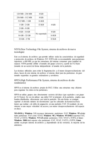 128 MB - 256 MB 4 KB
256 MB - 512 MB 8 KB
512 MB - 1 GB 16 KB
4 KB1 GB - 2 GB 32 KB
2 GB - 8 GB
No soportado
8 GB - 16 GB 8 KB
16 GB - 32 GB 16 KB
32 GB - 2 TB 32 KB
NTFS (New Technology File System, sistema de archivos de nueva
tecnología)
Este es el sistema de archivos que permite utilizar todas las características de seguridad
y protección de archivos de Windows NT. NTFS sólo es recomendable para particiones
superiores a 400 MB, ya que las estructuras del sistema consumen gran cantidad de
espacio. NTFS permite definir el tamaño del grupo (cluster), a partir de 512 bytes
(tamaño de un sector) de forma independiente al tamaño de la partición.
Las técnicas utilizadas para evitar la fragmentación y el menor desaprovechamiento del
disco, hacen de este sistema de archivos el sistema ideal para las particiones de gran
tamaño requeridas en grandes ordenadores y servidores.
HPFS (High Performance File System, sistema de archivos de alto
rendimiento)
HPFS es el sistema de archivos propio de OS/2. Utiliza una estructura muy eficiente
para organizar los datos en las particiones.
HPFS no utiliza grupos sino directamente sectores del disco (que equivalen a un grupo
de 512 bytes). En vez de utilizar una tabla FAT al principio de la partición, emplea unas
bandas distribuidas eficazmente por toda la partición. De esta forma se consigue,
suprimir el elevado número de movimientos que los cabezales de lectura/escritura
tienen que realizar a la tabla de asignación en una partición FAT. El resultado de este
sistema es una mayor velocidad de acceso y un menor desaprovechamiento del espacio
en disco.
MS-DOS (y Windows 3.1) reconoce únicamente particiones FAT; Windows 95 admite
tanto particiones FAT como VFAT; Windows 98 y Windows 95 OSR2 soportan FAT,
VFAT y FAT32; Windows NT 4.0 admite particiones FAT, VFAT y NTFS; el futuro
Windows 2000 dará soporte a las particiones FAT, VFAT, FAT32 y NTFS; Linux
admite su propio sistema de archivos y, dependiendo de las versiones, la mayoría de los
anteriores.
 
