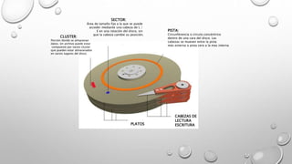 CLUSTER: 
Porción donde se almacenan 
datos. Un archivo puede estar 
compuesto por varios cluster 
que pueden estar almacenados 
en varios lugares del disco. 
SECTOR: 
Área de tamaño fijo a la que se puede 
acceder mediante una cabeza de L / 
E en una rotación del disco, sin 
que la cabeza cambie su posición. 
PISTA: 
Circunferencia o círculo concéntrico 
dentro de una cara del disco. Las 
cabezas se mueven entre la pista 
más externa o pista cero a la mas interna 
CABEZAS DE 
LECTURA 
PLATOS ESCRITURA 
 