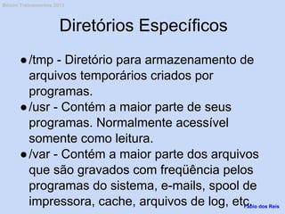 Diretórios Específicos
●/tmp - Diretório para armazenamento de
arquivos temporários criados por
programas.
●/usr - Contém a maior parte de seus
programas. Normalmente acessível
somente como leitura.
●/var - Contém a maior parte dos arquivos
que são gravados com freqüência pelos
programas do sistema, e-mails, spool de
impressora, cache, arquivos de log, etc.Fábio dos Reis
Bóson Treinamentos 2013
 