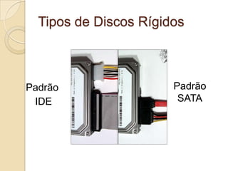 Tipos de Discos Rígidos



Padrão                 Padrão
 IDE                    SATA
 