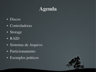 Agenda
   Discos
   Controladoras
   Storage
   RAID
   Sistemas de Arquivo
   Particionamento
   Exemplos práticos


                       
 