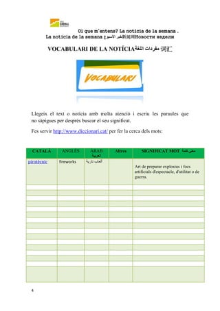Oi que m’entens? La noticia de la semana .
La notícia de la semana ‫خبر‬‫األسبوع‬ 新闻周Новости недели
4
VOCABULARI DE LA NOTÍCIA‫اللغة‬ ‫مفردات‬ 词汇
Llegeix el text o notícia amb molta atenció i escriu les paraules que
no sàpigues per després buscar el seu significat.
Fes servir http://www.diccionari.cat/ per fer la cerca dels mots:
CATALÀ ANGLÈS ÀRAB
‫العربية‬
Altres SIGNIFICAT MOT ‫كلمة‬ ‫معنى‬
pirotècnic fireworks ‫نارية‬ ‫ألعاب‬
Art de preparar explosius i focs
artificials d'espectacle, d'utilitat o de
guerra.
 