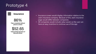 Prototype 4
• Insurance screen would display information relative to the
users insurance company. Because of this, each insurance
page would differ between companies.
• All companies would include value saved, so the user can
have an easy incentive to continue use of the app
 
