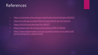 References
1. https://crashstats.nhtsa.dot.gov/Api/Public/ViewPublication/812013
2. https://le.utah.gov/xcode/Title41/Chapter6A/41-6a-S1716.html
3. https://trid.trb.org/view.aspx?id=981977
4. https://www.ncbi.nlm.nih.gov/pmc/articles/PMC3710028/
5. https://www.edgarsnyder.com/car-accident/cause-of-accident/cell-
phone/cell-phone-statistics.html
 
