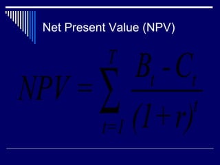 Net Present Value (NPV)

Bt - Ct
NPV = ∑
t
(1+r)
t=1
T

 