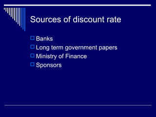 Sources of discount rate
 Banks
 Long term government papers
 Ministry of Finance
 Sponsors

 