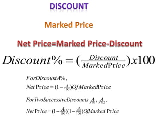100
)
(
% Pr x
Discount ice
Marked
Discount

ice
OfMarked
ice
Net
tA
ForDiscoun
A
Pr
)
1
(
Pr
%,
100


ice
OfMarked
A
A
ice
Net
ounts
essiveDisc
ForTwoSucc A
A
Pr
)
1
)(
1
(
Pr
,
,
100
100
2
1
2
1



 