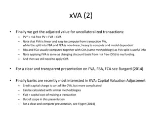 xVA (2)
• Finally we get the adjusted value for uncollateralized transactions:
– PV* = risk free PV + FVA – CVA
– Note tha...