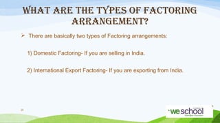 WHAT ARE THE TYPES OF FACTORING
ARRANGEMENT?
 There are basically two types of Factoring arrangements:
1) Domestic Factoring- If you are selling in India.
2) International Export Factoring- If you are exporting from India.

20

 