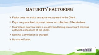 MATURITY FACTORING
 Factor does not make any advance payment to the Client.
 Pays on guaranteed payment date or on collection of Receivables.
 Guaranteed payment date is usually fixed taking into account previous
collection experience of the Client.
 Nominal Commission is charged.
 No risk to Factor.

31

 