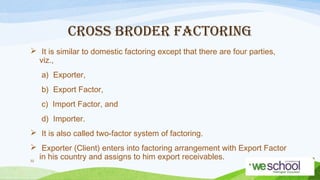 CROSS BRODER FACTORING
 It is similar to domestic factoring except that there are four parties,
viz.,
a) Exporter,
b) Export Factor,
c) Import Factor, and
d) Importer.
 It is also called two-factor system of factoring.
 Exporter (Client) enters into factoring arrangement with Export Factor
in his country and assigns to him export receivables.
32

 