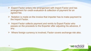  Export Factor enters into arrangement with Import Factor and has
arrangement for credit evaluation & collection of payment for an
agreed fee.
 Notation is made on the invoice that importer has to make payment to
the Import Factor.
 Import Factor collects payment and remits to Export Factor who
passes on the proceeds to the Exporter after adjusting his advance, if
any.
 Where foreign currency is involved, Factor covers exchange risk also.

33

 