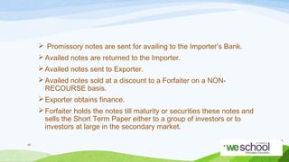  Promissory notes are sent for availing to the Importer’s Bank.
 Availed notes are returned to the Importer.
 Availed notes sent to Exporter.
 Availed notes sold at a discount to a Forfaiter on a NONRECOURSE basis.
 Exporter obtains finance.
 Forfaiter holds the notes till maturity or securities these notes and
sells the Short Term Paper either to a group of investors or to
investors at large in the secondary market.
46

 