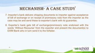 MECHANISM- A CASE STUDY
7. Importer’s bank delivers shipping documents to importer against acceptance
of bill of exchange or on receipt of promissory note from the importer as the
case may be and send these to exporter’s bank with its guarantee.
8. Exporter’s bank gets bill of exchange/promissory note endorsed with the
words ‘Without Recourse’ from the exporter and present the document(s) to
EXIM Bank who in turn send it to the forfaiter.

56

 