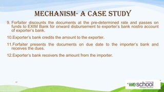 MECHANISM- A CASE STUDY
9. Forfaiter discounts the documents at the pre-determined rate and passes on
funds to EXIM Bank for onward disbursement to exporter’s bank nostro account
of exporter’s bank.
10.Exporter’s bank credits the amount to the exporter.
11.Forfaiter presents the documents on due date to the importer’s bank and
receives the dues.
12.Exporter’s bank recovers the amount from the importer.

57

 