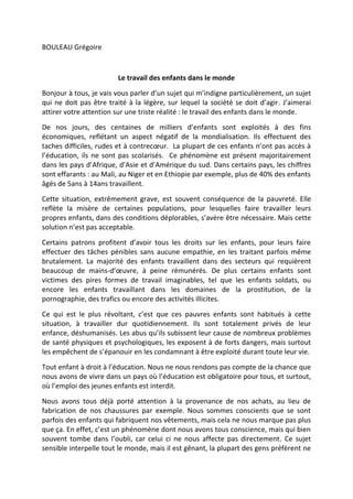 Discours Bouleau Gregoire Travail Des Enfants Dans Le Monde