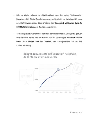VF – 11/10 – p. 23
- Ech hu virdru schonn op d’Wichtegkeet vun den neien Technologien
higewisen. Déi Digital Revolutioun ass eng Realitéit, op dat eis gefält oder
net. Dofir investéiert de Staat d’nächst Joer knapp 2,2 Milliounen Euro, fir
6000 Schüler mat engem iPad ze équipéieren.
- Technologie ass awer ëmmer nëmmen een Hëllefsmëttel. Ouni gutt a genuch
Léierpersonal kënne mer de Kanner näischt bäibréngen. De Staat schaaft
dofir 2018 iwwer 500 nei Posten, am Enseignement an an der
Kannerbetreiung.
 