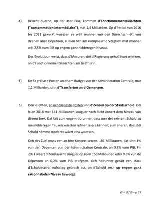 VF – 11/10 – p. 37
4) Réischt duerno, op der 4ter Plaz, kommen d’Fonctionnementskäschten
("consommation intermédiaire"), mat 1,4 Milliarden. Op d'Period vun 2016
bis 2021 gekuckt wuessen se wäit manner wéi den Duerchschnëtt vun
deenen aner Dépensen, a leien och am europäesche Verglach mat manner
wéi 2,5% vum PIB op engem ganz nidderegen Niveau.
Des Evolutioun weist, dass d'Mesuren, déi d'Regierung geholl huet wierken,
an d'Fonctionnementskäschten am Grëff sinn.
5) De 5t gréisste Posten an eisem Budget vun der Administration Centrale, mat
1,2 Milliarden, sinn d’Transferten un d’Gemengen.
6) Dee leschten, an och klengste Posten sinn d’Zënsen op der Staatsschold. Déi
leien 2018 mat 181 Milliounen souguer nach liicht ënnert dem Niveau vun
dësem Joer. Dat läit zum engem dorunner, dass mer déi existent Schold zu
méi nidderegen Tauxen wäerten refinanzéiere kënnen; zum aneren, dass déi
Schold nëmme moderat wäert viru wuessen.
Och des Zuel muss een an hire Kontext setzen. 181 Milliounen, dat sinn 1%
vun den Dépensen vun der Administration Centrale, an 0,3% vum PIB. Fir
2021 wäert d'Zënslaascht souguer op ronn 150 Milliounen oder 0,8% vun de
Dépensen an 0,2% vum PIB erofgoen. Och heirunner gesäit een, dass
d'Scholdespiral nohalteg gebrach ass, an d'Schold sech op engem ganz
raisonnabelen Niveau beweegt.
 