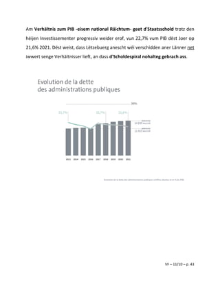 VF – 11/10 – p. 43
Am Verhältnis zum PIB -eisem national Räichtum- geet d'Staatsschold trotz den
héijen Investissementer progressiv weider erof, vun 22,7% vum PIB dëst Joer op
21,6% 2021. Dëst weist, dass Lëtzebuerg anescht wéi verschidden aner Länner net
iwwert senge Verhältnisser lieft, an dass d'Scholdespiral nohalteg gebrach ass.
 