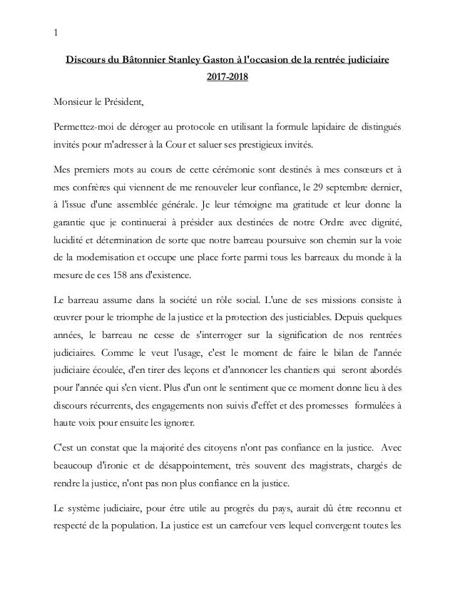 Discours du Bâtonnier Stanley Gaston à l'occasion de la rentrée judic…