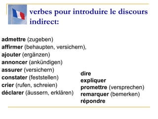 verbes pour introduire le discours indirect: admettre  (zugeben) affirmer  (behaupten, versichern), ajouter  (ergänzen) annoncer  (ankündigen) assurer  (versichern) constater  (feststellen) crier  (rufen, schreien) déclarer  (äussern, erklären) dire expliquer promettre  (versprechen) remarquer  (bemerken) répondre 
