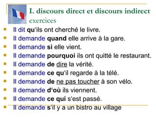 I. discours direct et discours indirect exercices Il dit   qu ‘ils ont cherché le livre. Il demande   quand  elle arrive à la gare. Il demande   si  elle vient. Il demande   pourquoi  ils ont quitté le restaurant. Il demande   de   dire  la vérité. Il demande   ce   qu ‘il regarde à la télé. Il demande   de   ne pas toucher  à son vélo. Il demande   d‘où  ils viennent. Il demande   ce qui  s‘est passé. Il demande   s ‘il y a un bistro au village 