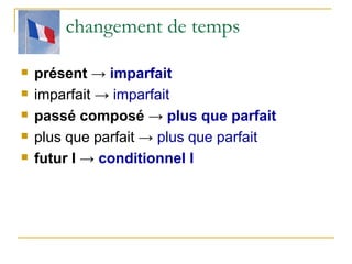 changement de temps présent  ->   imparfait imparfait  ->   imparfait passé composé  ->   plus que parfait plus que parfait  ->   plus que parfait futur I  ->   conditionnel I 