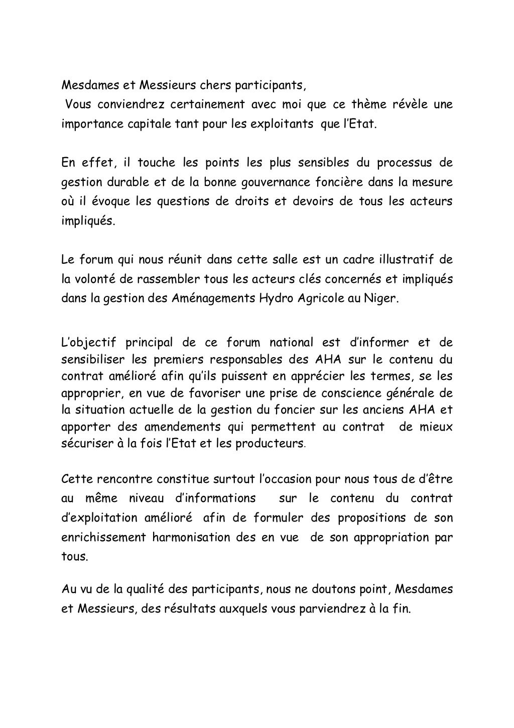 Discours d'ouverture du directeur cabinet