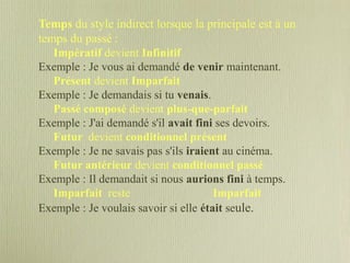 Temps du style indirect lorsque la principale est à un
temps du passé :
Impératif devient Infinitif
Exemple : Je vous ai demandé de venir maintenant.
Présent devient Imparfait
Exemple : Je demandais si tu venais.
Passé composé devient plus-que-parfait
Exemple : J'ai demandé s'il avait fini ses devoirs.
Futur devient conditionnel présent
Exemple : Je ne savais pas s'ils iraient au cinéma.
Futur antérieur devient conditionnel passé
Exemple : Il demandait si nous aurions fini à temps.
Imparfait reste Imparfait
Exemple : Je voulais savoir si elle était seule.
 