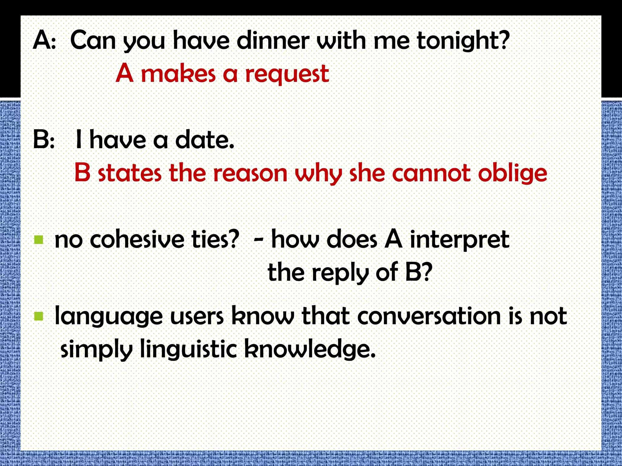 A: Can you have dinner with me tonight?
      A makes a request

B: I have a date.
   B states the reason why she cannot oblige

   no cohesive ties? - how does A interpret
                        the reply of B?
   language users know that conversation is not
     simply linguistic knowledge.
 