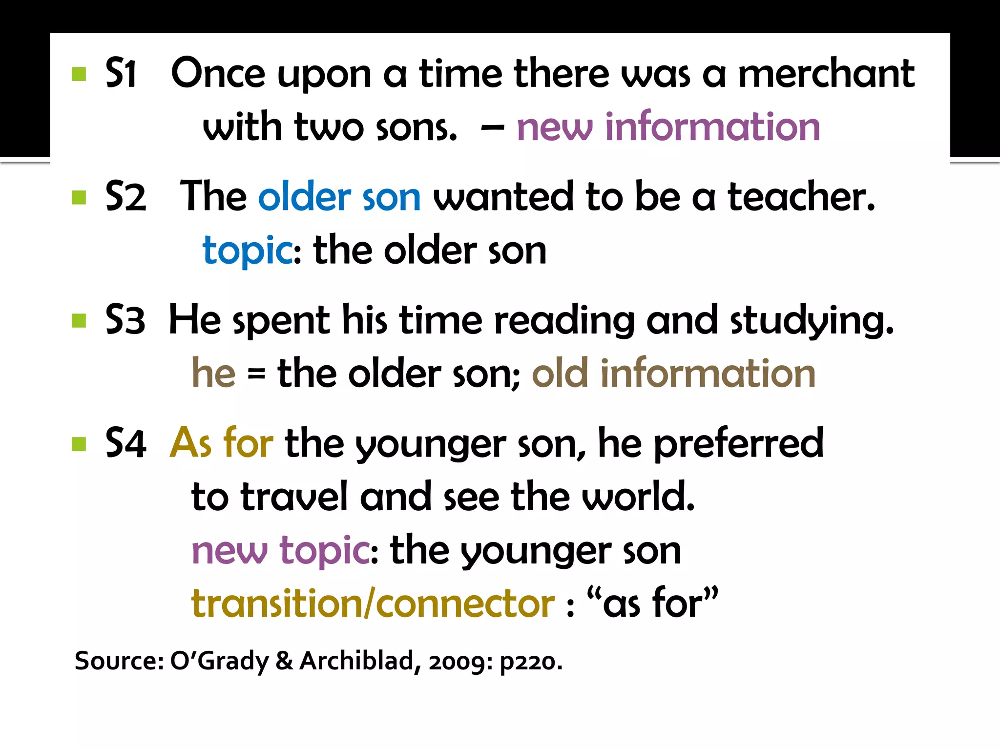   S1 Once upon a time there was a merchant
        with two sons. – new information
   S2 The older son wanted to be a teacher.
        topic: the older son
   S3 He spent his time reading and studying.
        he = the older son; old information
   S4 As for the younger son, he preferred
        to travel and see the world.
        new topic: the younger son
        transition/connector : “as for”
Source: O’Grady & Archiblad, 2009: p220.
 