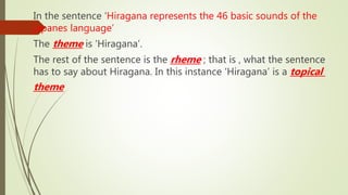 In the sentence ‘Hiragana represents the 46 basic sounds of the
japanes language’
The theme is ‘Hiragana’.
The rest of the sentence is the rheme ; that is , what the sentence
has to say about Hiragana. In this instance ‘Hiragana’ is a topical
theme
 