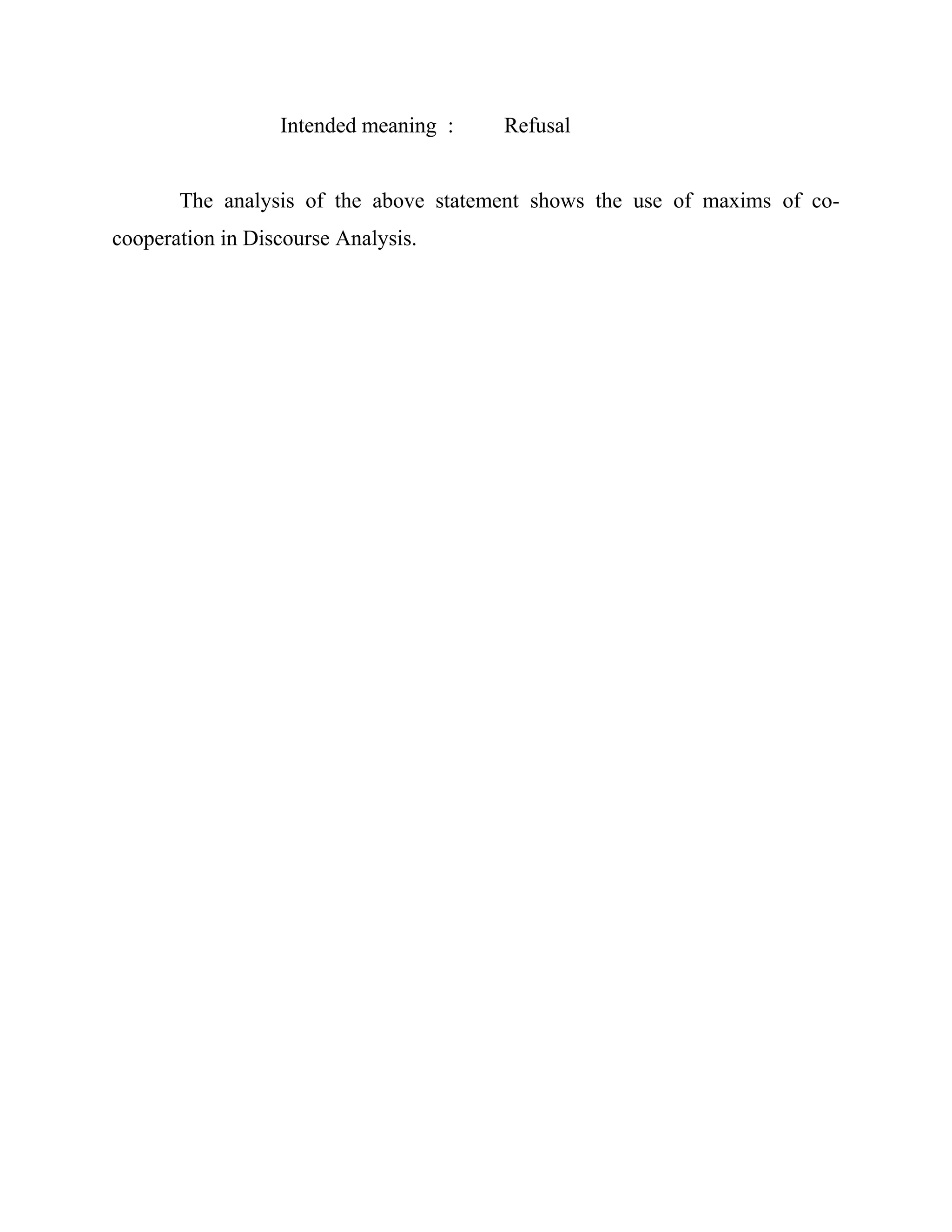 Intended meaning : Refusal
The analysis of the above statement shows the use of maxims of co-
cooperation in Discourse Analysis.
 