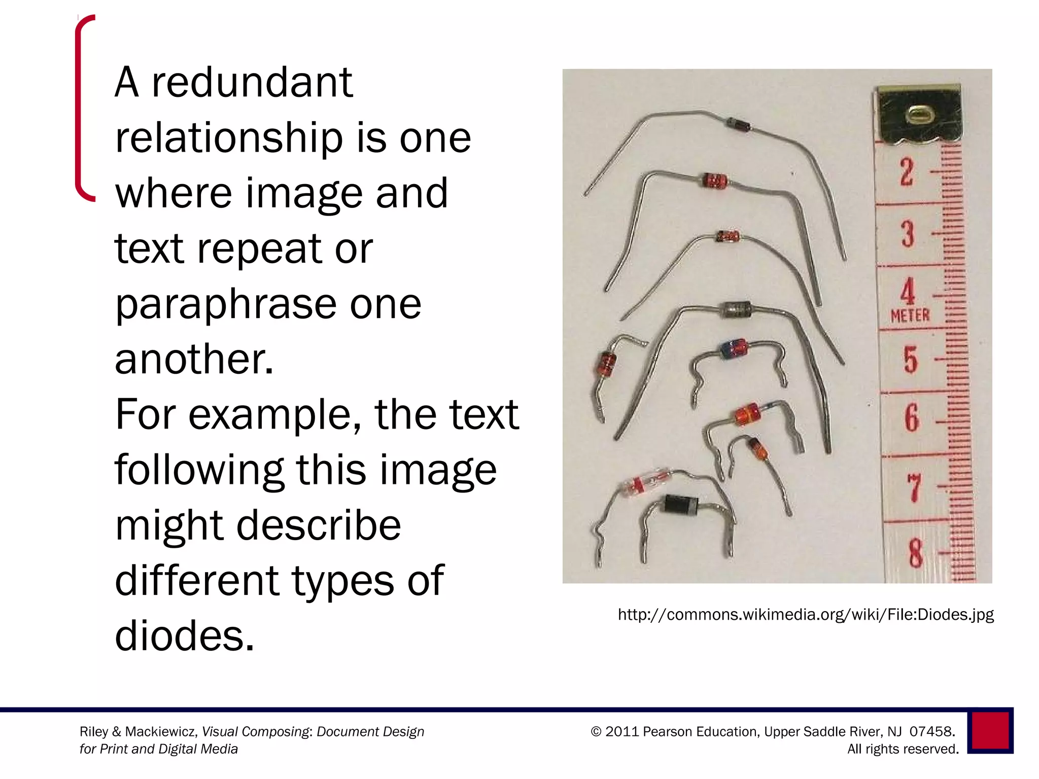A redundant
     relationship is one
     where image and
     text repeat or
     paraphrase one
     another.
     For example, the text
     following this image
     might describe
     different types of
                                                            http://commons.wikimedia.org/wiki/File:Diodes.jpg
     diodes.
Riley & Mackiewicz, Visual Composing: Document Design   © 2011 Pearson Education, Upper Saddle River, NJ 07458.
for Print and Digital Media                                                                    All rights reserved.
 