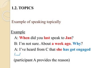 Example of speaking topically
Example
A: When did you last speak to Jan?
B: I’m not sure. About a week ago. Why?
A: I’ve heard from C that she has got engaged
/…/
(participant A provides the reason)
1.2. TOPICS
 