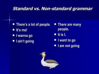 Standard vs. Non-standard grammar There’s a lot of people. It’s me! I wanna go  I ain’t going There are many people. It is I. I want to go I am not going 