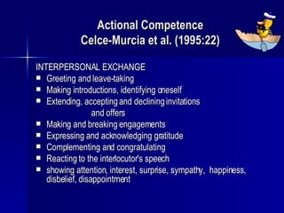 Actional Competence Celce-Murcia et al. (1995:22) INTERPERSONAL EXCHANGE Greeting and leave-taking Making introductions, identifying oneself Extending, accepting and declining invitations  and offers Making and breaking engagements Expressing and acknowledging gratitude Complementing and congratulating Reacting to the interlocutor's speech showing attention, interest, surprise, sympathy,  happiness, disbelief, disappointment 